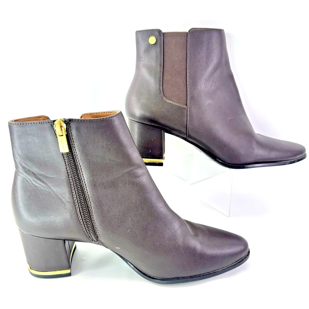 Calvin Klein Ankle Boots Brown Leather Block Heel Womens Size 7.5 Zip